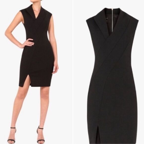 Ted Baker 14 (5) Black Geodese V Neck Front Slit Back Zip Sleeveless Shift Dress - Picture 4 of 17
